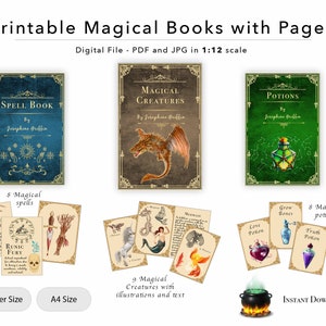 3 Printable Magical Books with pages Spells, Potions and Magical Creatures for Dollhouse Miniatures 1:12 Scale JPG Download image 1