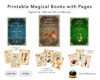 3 Printable Magical Books with pages - Spells, Potions and Magical Creatures for Dollhouse Miniatures and 1/6 dolls 1:12 JPG Download