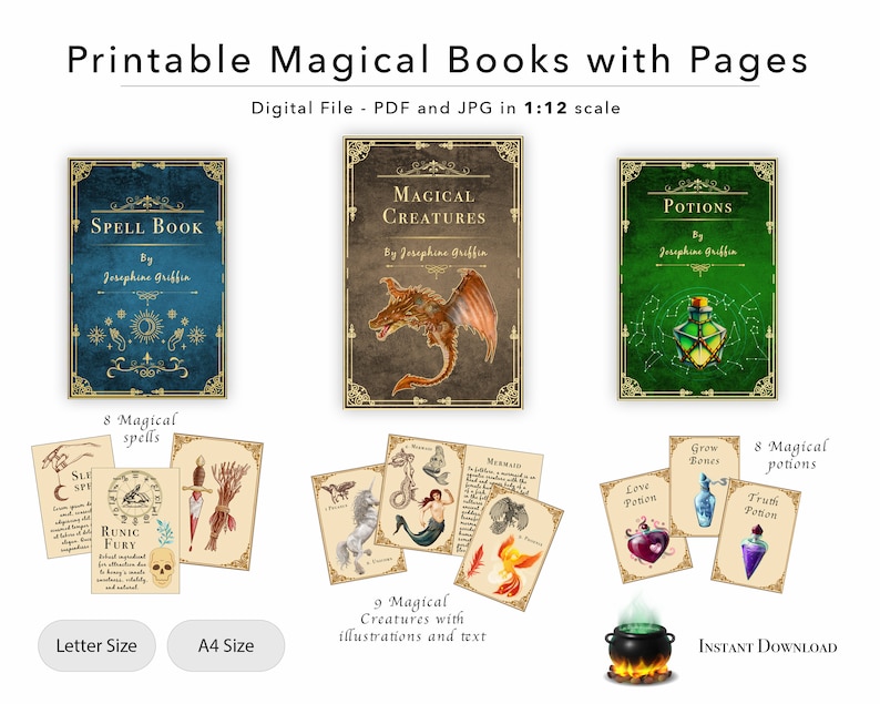 3 Printable Magical Books with pages Spells, Potions and Magical Creatures for Dollhouse Miniatures 1:12 Scale JPG Download image 1