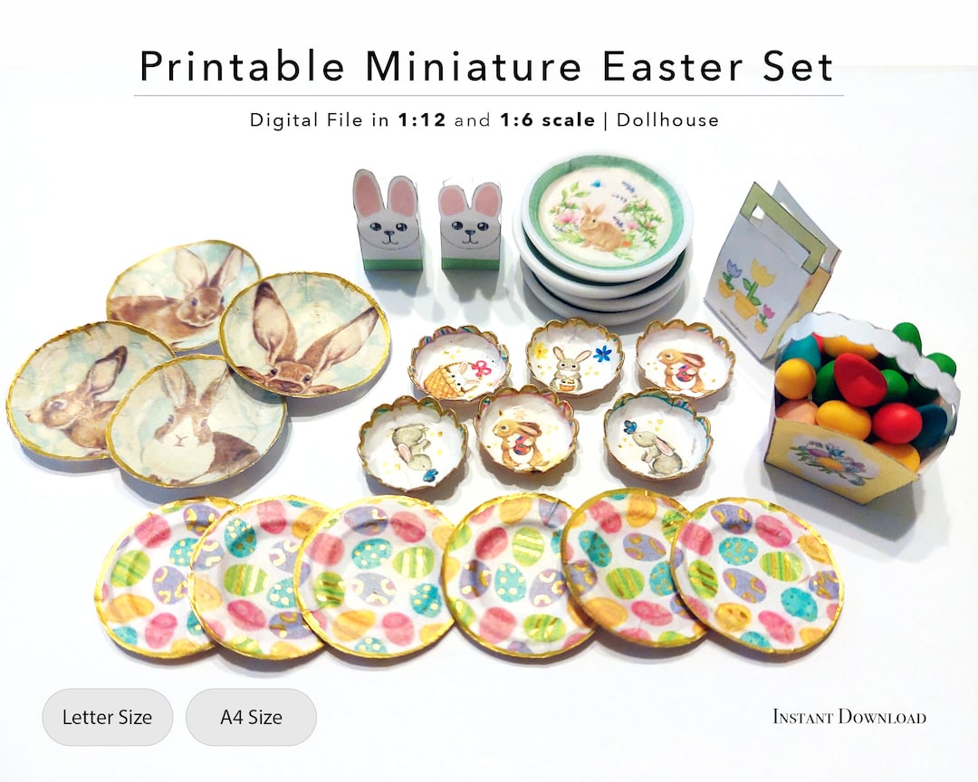 Miniature Printable Easter Set Dollhouse Printable Plates, Bags and