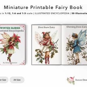 May include: A printable book featuring illustrations of winter fairies. The book cover has a red poinsettia and the title "Winter Fairies Illustrated Encyclopedia". The book is available in letter and A4 sizes.
