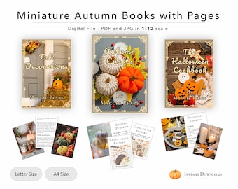 3 Printable Miniature Autumn Books with pages, Halloween Cookbook, Autumn Crafts and Fall Decorations | Dollhouse | 1:12 | Download