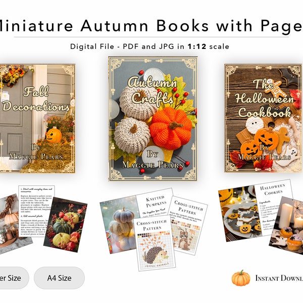 3 Printable Miniature Autumn Books with pages, Halloween Cookbook, Autumn Crafts and Fall Decorations | Dollhouse | 1:12 | Download