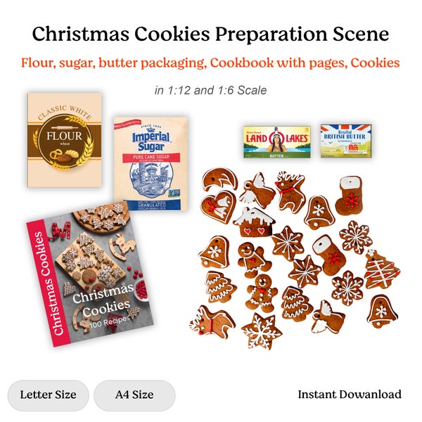 Printable Christmas Cookies Preparation Scene | Digital File | 1/12| 1/6 scale | Flour | Sugar | Butter | Cookbook | Cookies | PDF