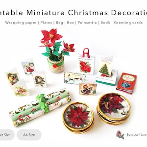 Modèle de Noël imprimable - assiettes, livre, cartes de voeux, poinsettia, sac, boîte, papier d'emballage pour maisons de poupées miniatures