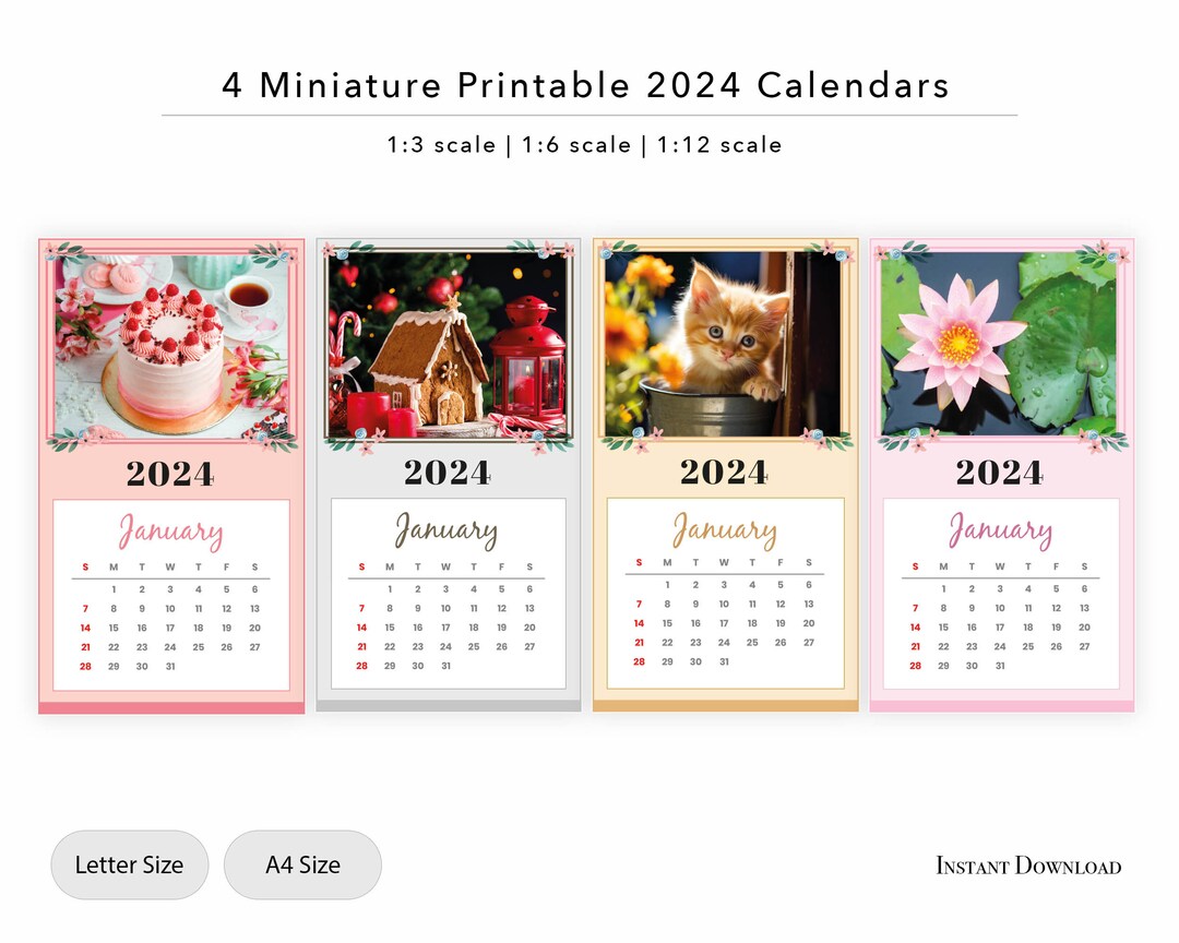4 Printable 2024 Calendars Dollhouse Miniature DIY Item 1/12, 1/6, 1/3 ...