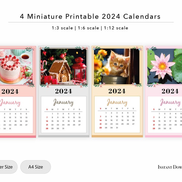 4 Printable 2024 Calendars - Dollhouse miniature - DIY item 1/12, 1/6, 1/3 scale | Instant Download | Digital File | DIY