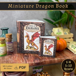 Op de afbeelding: Twee miniatuurboeken getiteld Book of Dragons met illustraties van een gouden en rode draak op de covers. De boeken worden getoond naast kleine glazen potjes met kurken stoppen, gelabeld als Polyjuice, Cure for Boils en Cupid Crystals.