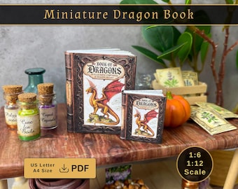 Libro de dragones en miniatura imprimible, enciclopedia, escala 1:6 (1:12), libro para casa de muñecas ilustrado, descarga digital de 30 páginas, biblioteca de muñecas DIY en PDF