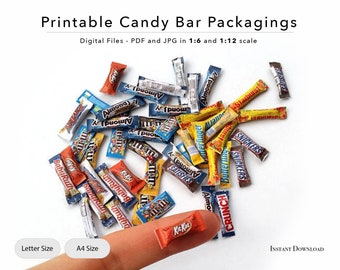 Printable dollhouse miniature candy bar packagings | A4 Sheet | PDF | JPG | Digital File | Instant Download | Print | 1/12 and 1/6 scale