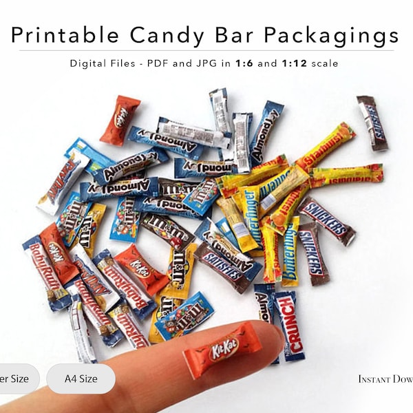 Printable dollhouse miniature candy bar packagings | A4 Sheet | PDF | JPG | Digital File | Instant Download | Print | 1/12 and 1/6 scale
