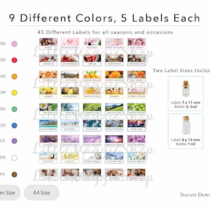 Op de afbeelding: Een digitale download met 45 labels in 9 kleuren, 5 labels per stuk, voor verschillende seizoenen en gelegenheden. Inclusief twee labelmaten: 7 x 11 mm en 8 x 13 mm. De tekst op de afbeelding luidt "9 Different Colors, 5 Labels Each".