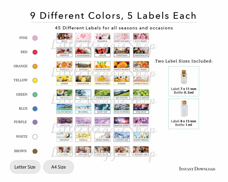 Op de afbeelding: Een digitale download met 45 labels in 9 kleuren, 5 labels per stuk, voor verschillende seizoenen en gelegenheden. Inclusief twee labelmaten: 7 x 11 mm en 8 x 13 mm. De tekst op de afbeelding luidt "9 Different Colors, 5 Labels Each".