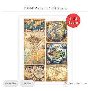 May include: A digital download of seven vintage antique medieval maps in a 1:12 scale. The maps are in a collage format, with each map in a separate square. The maps are in various colors, including brown, blue, green, and yellow. The maps are all in a vintage style, with a distressed look.