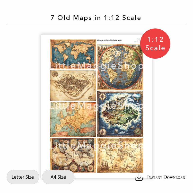 May include: A digital download of seven vintage antique medieval maps in a 1:12 scale. The maps are in a collage format, with each map in a separate square. The maps are in various colors, including brown, blue, green, and yellow. The maps are all in a vintage style, with a distressed look.