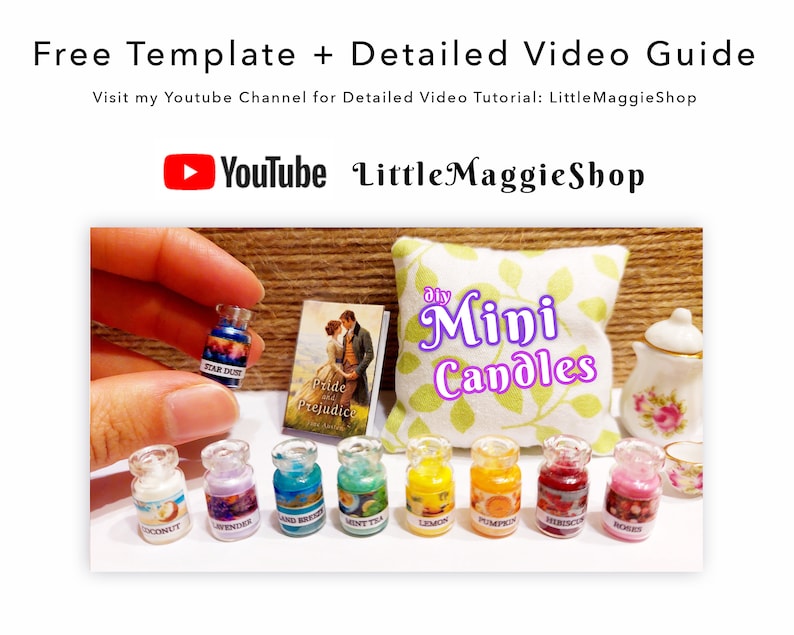 Op de afbeelding: Een verzameling miniatuur DIY-kaarsen in kleine glazen potjes, elk gelabeld met een andere geur zoals kokos, lavendel en rozen. Een miniatuurboek, een kussen met de tekst "DIY Mini Candles" en een kleine theepot zijn ook zichtbaar. De tekst "Free Template + Detailed Video Guide" is ook aanwezig.