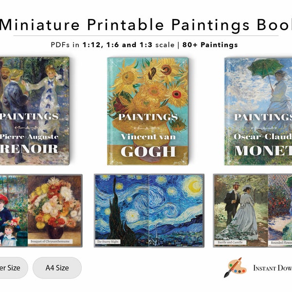 3 Printable Miniature Books - Famous Paintings by Van Gogh, Claude Monet and Renoir | Dollhouse Books | PDF | 1/12 | 1/6 | 1/3 Scale