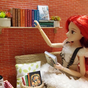 Op de afbeelding: Een pop met lang rood haar reikt naar een boek in een plank. De plank is gevuld met boeken met kleurrijke ruggen. De pop draagt een witte jurk met een bruine riem. De pop zit op een wit, pluche kussen. Er zijn twee flessen wijn en een glas op een rood-wit geruit tafelkleed.