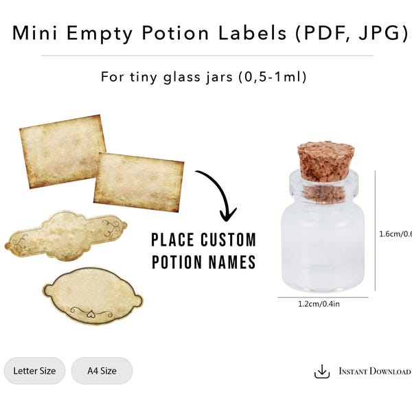 Etiquetas de pociones vacías imprimibles en miniatura (JPG, PDF, edición en Canva y Photoshop), para casa de muñecas, casa de brujas, escala 1:12, Halloween, etiquetas mágicas.