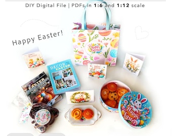 May include: A collection of miniature Easter printables for dollhouses or miniature scenes. The printables include a gift bag, a book, a box of cookies, a plate of pastries, and several cards. The printables are in 1:6 and 1:12 scale.
