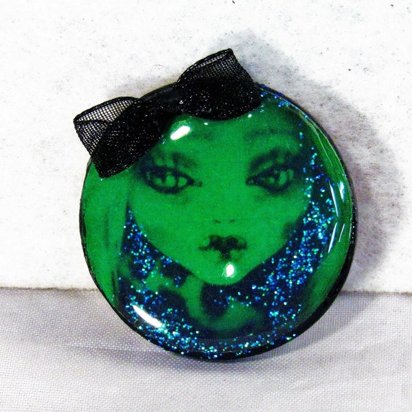 Goth Brooch Pin Original Photo Art The Lonely Ghoul Blue Glitter Shimmer OOAK Monster High Doll Repaint Handmade Gothic Jewelry Gift for Her