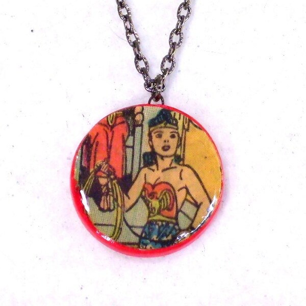 Wonder Woman Superhero Secret Origins Pendant Necklace Comic Book Pop Culture Jewelry Recycled Comics OOAK Birthday Gifts 24"