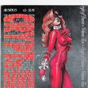 May include: Comic book cover titled "Crypt of Dawn, Volume Two" featuring a red-clad figure with long red hair. The figure is adorned with silver chains and a white rose. Text on the cover includes the price and a list of text.