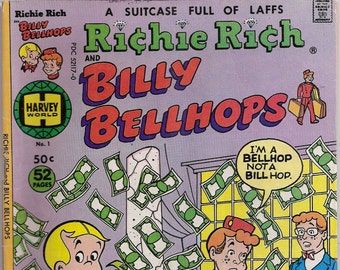 Richie Rich and Billy Bellhops 1 FN+ Harvey World Comics Book 1977 Bronze Age Cartoon Theme for Kids Gifts for Him Her