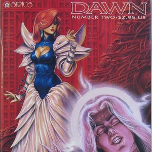 May include: Comic book cover featuring a woman in a blue and white dress with red hair. The title "DAWN" is displayed at the top, with the text "NUMBER TWO" below it. The Sirius logo is in the upper left corner.