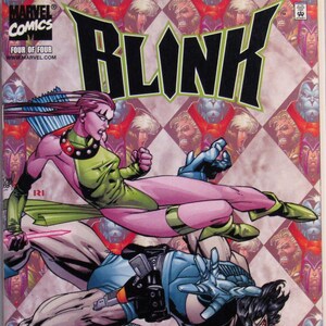 May include: A Marvel Comics Blink issue four of four comic book cover featuring a purple-skinned character in a green bodysuit and pink leggings leaping over a blue-clad figure. The background has a diamond pattern with repeated character faces.