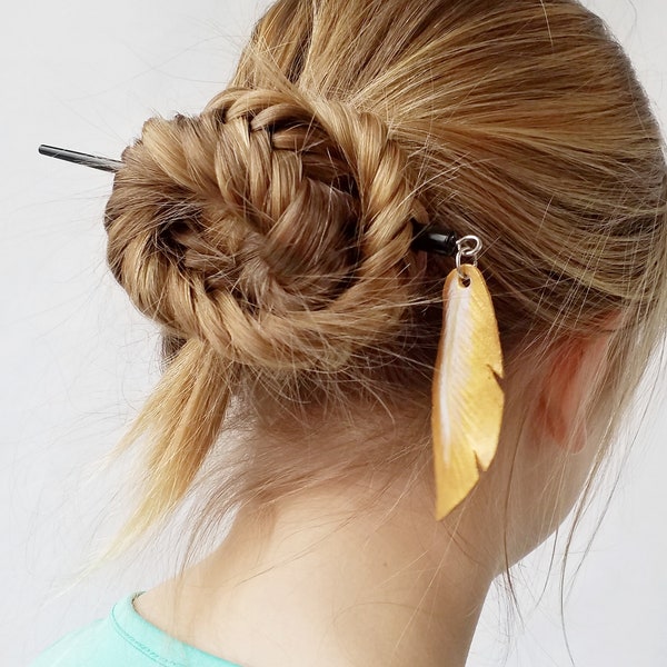 Wooden stick with leather charm gold feather phoenix, Bun holder, Handmade gift for beautiful girl & lady