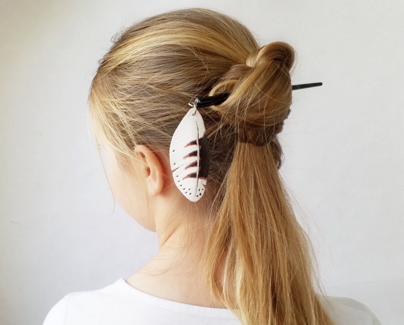 Handmade bun holders Gift for beautiful girl /& lady for long curly hair Wooden hair stick with leather motley owl feather pendant
