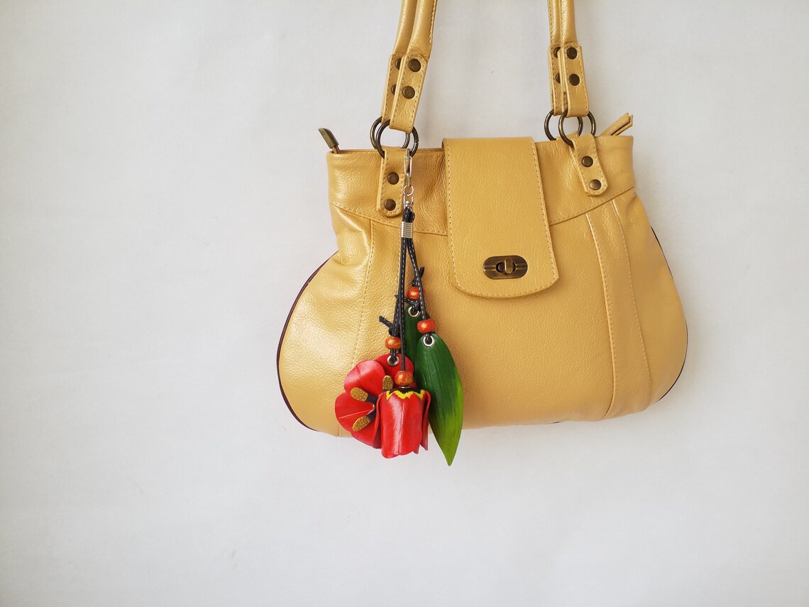 Leather bag charm with handmade beads Red flowers and green Etsy