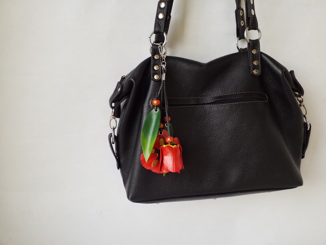 Leather bag charm with handmade beads Red flowers and green Etsy