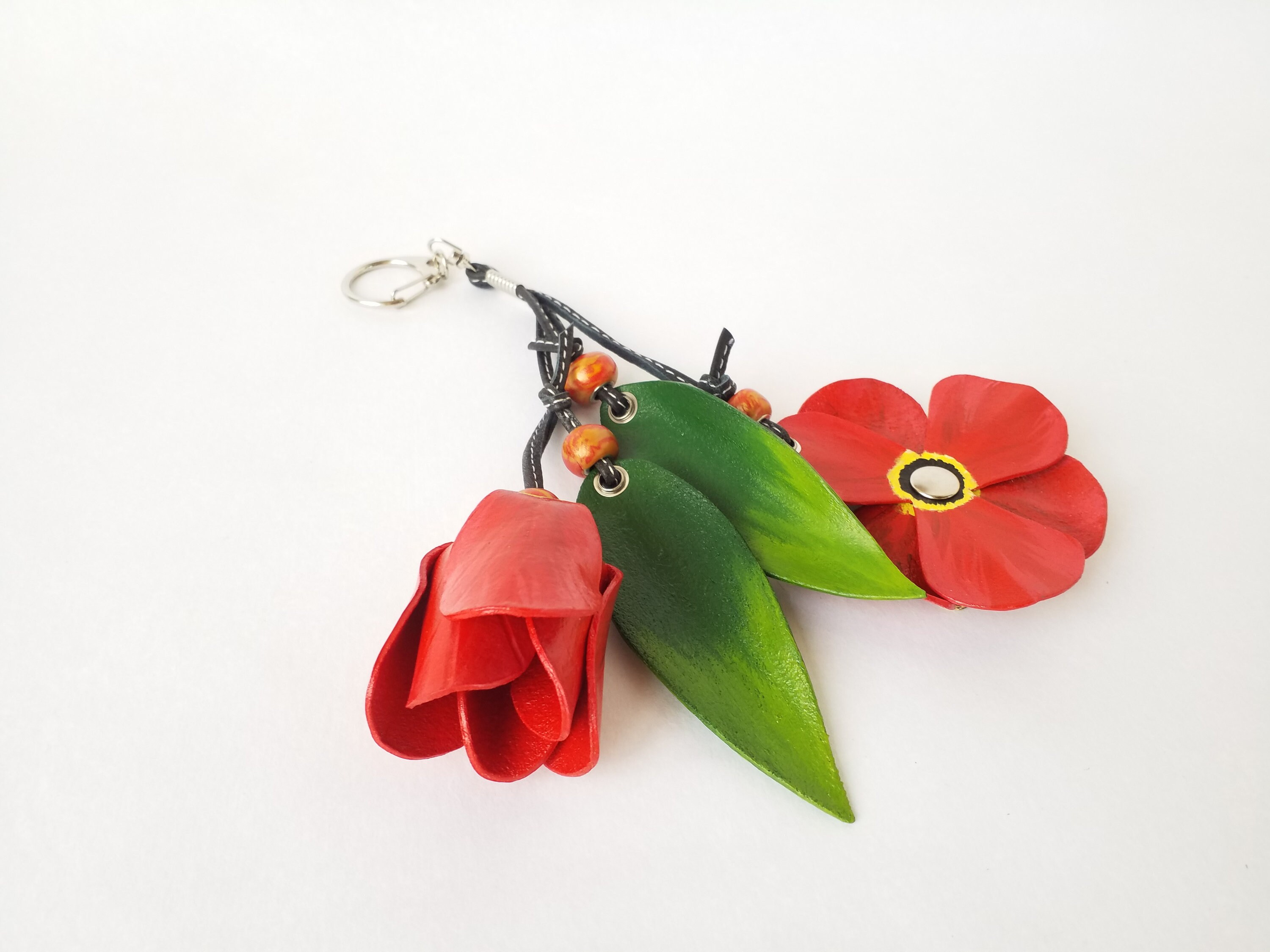 Leather bag charm with handmade beads Red flowers and green Etsy