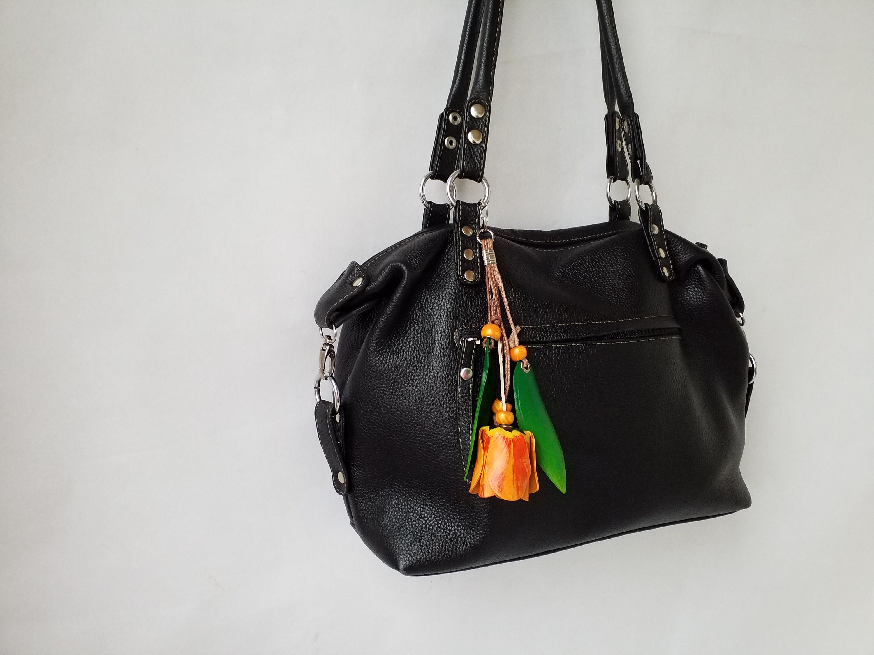 Leather bag charm with handmade beads Delicate flower purse Etsy