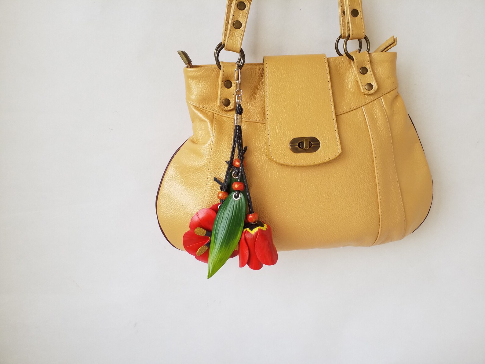 Leather bag charm with handmade beads Red flowers and green Etsy