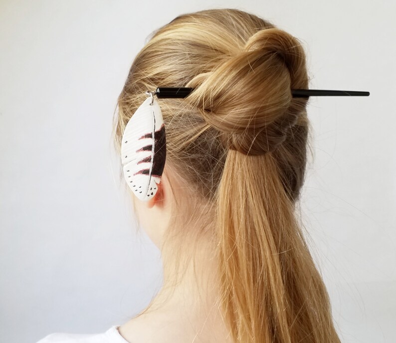 Handmade bun holders Gift for beautiful girl /& lady for long curly hair Wooden hair stick with leather motley owl feather pendant