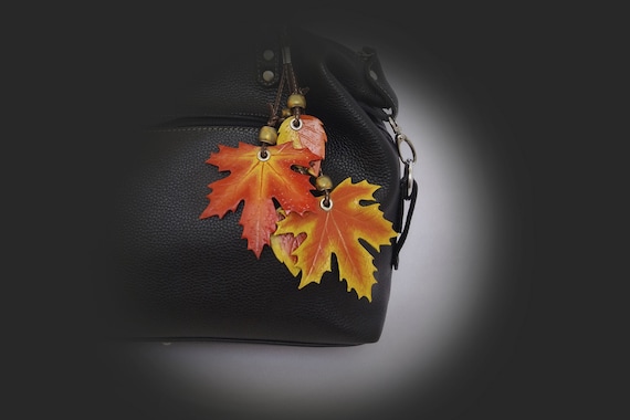 Flower Leave Leaf Keychain Purse Bag Charm Genuine Leather Handmade White Black