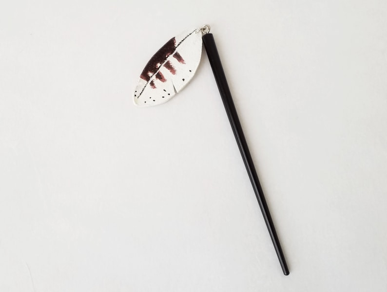 Handmade bun holders Gift for beautiful girl /& lady for long curly hair Wooden hair stick with leather motley owl feather pendant