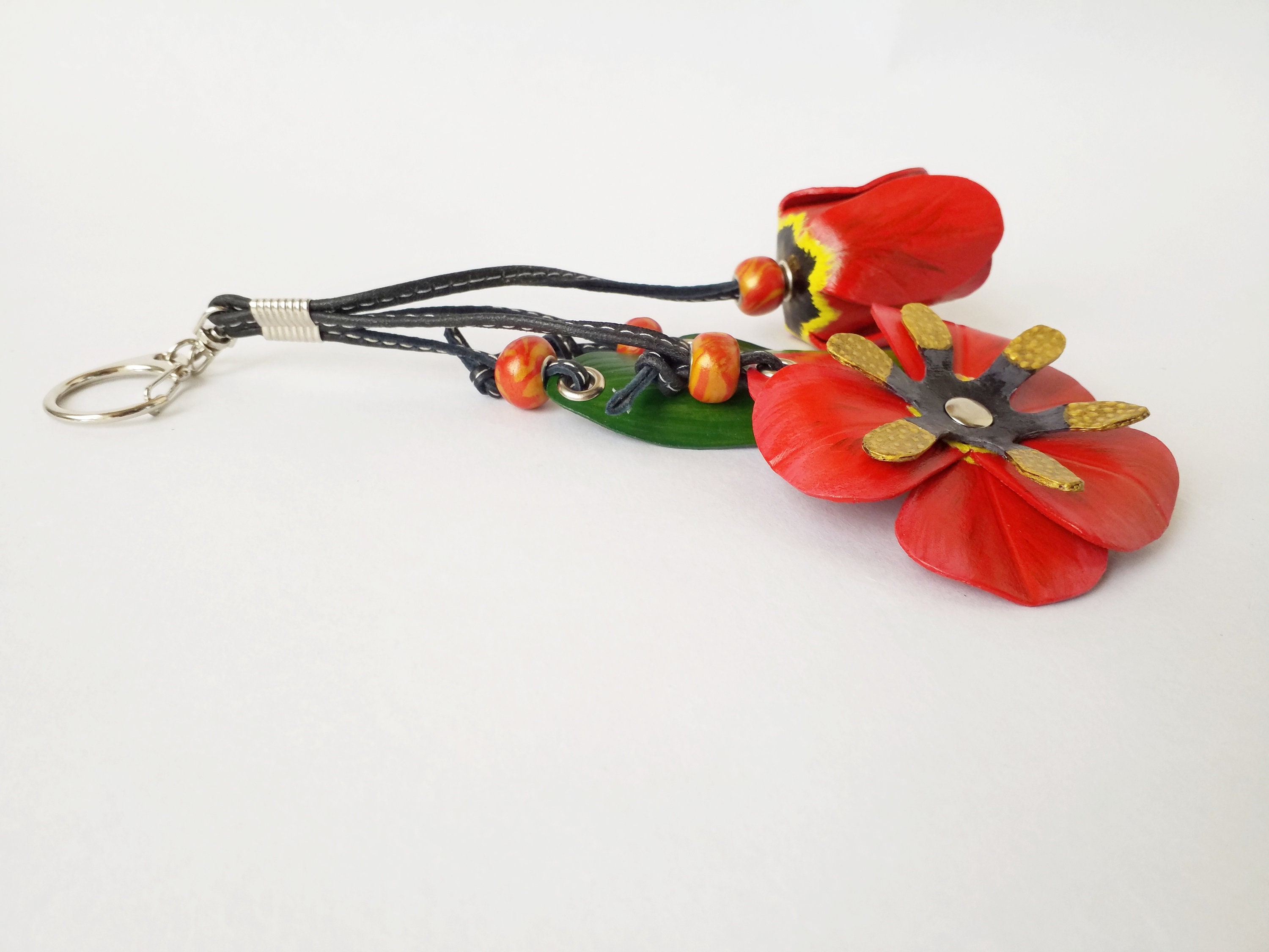 Leather bag charm with handmade beads Red flowers and green Etsy