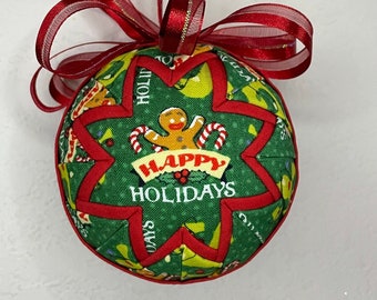 Fabric Quilted 3" Ball Ornament Inspired by Happy Holiday Gingy Gingerbread Man Shrek