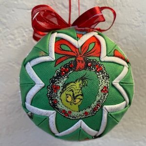 Fabric Quilted 3&quot; Ball Ornament Inspired by How the Grinch Stole Christmas with Max and Cindy Lou Who