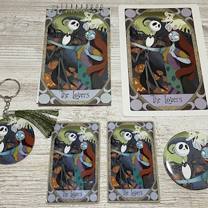 Tarot Card Postcard Print Inspiré par Nightmare Before Christmas Jack Skellington & Sally Lovers Porte-clés Autocollants Aimants Boutons Bloc-notes