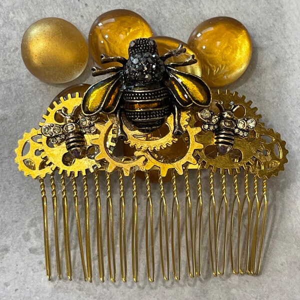 Custom Made Steampunk Garden Friends Bee Life Theme 3" Decorative Hair Comb Accessory