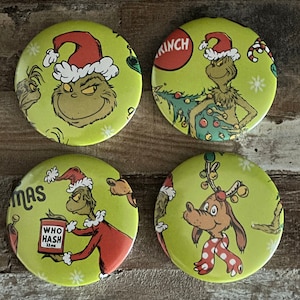 2.25&quot; Buttons Made with Repurposed Christmas Wrapping Paper Featuring The Grinch and Max the Dog Gift Wrap