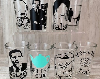 The Office Inspired Glass Shot Glass Variety Dwight False Michael Scott That's What She Said Finer Things Club Declare Kevin's Famous Chili