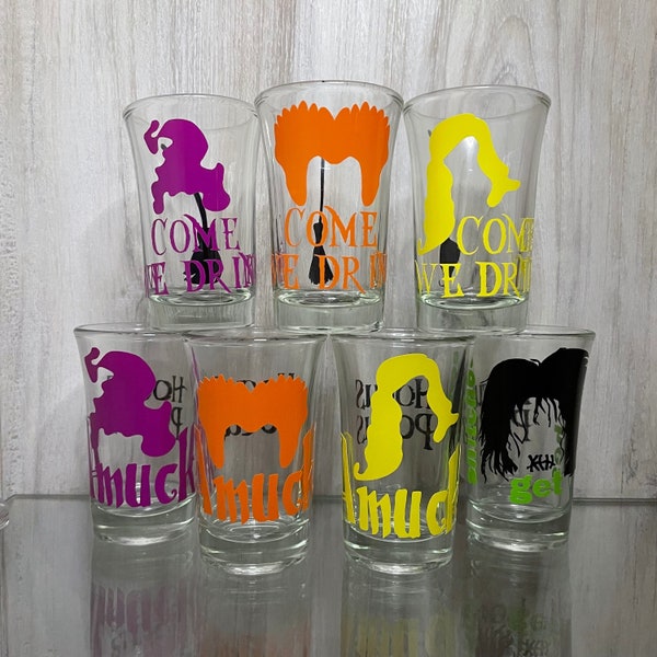 Hocus Pocus Inspired Shot Glass Winifred Sarah Mary Sanderson Sisters Come We Drink Amuck! Billy Zombie Snitches Get Stitches