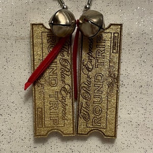 CUSTOM Handmade Christmas Wood Wooden Dangle Hook Earrings Tag & Bell Inspired by Polar Express Believe Ticket First Gift Santa