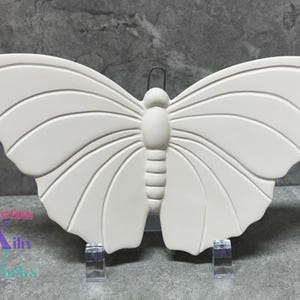 May include: A white butterfly wall decor with detailed wing patterns. The butterfly has a textured surface and is mounted on clear stands. A metal loop is attached for hanging. The overall design is symmetrical and elegant.